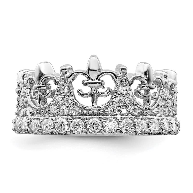 Curata 925 Sterling Silver Polished Open back Fleur de lis Crown CZ Cubic Zirconia Simulated Diamond Ring
