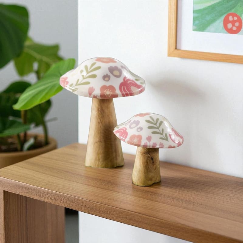 HomeRoots Set of Two Brown Pink And Green Wood Mushroom Tabletop Sculptures - 5.50 in. x 6.50 in. x 5.50 in. - Green/Brown/Pink - 5.50 in. x 6.50 in. x 5.50 in.
