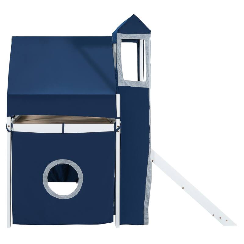 Blue Twin Loft Bed with Tent, Tower, and Playhouse Design for Kids