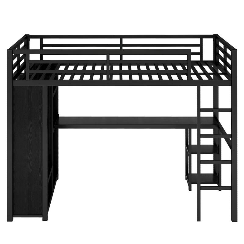 Roomfitters Twin/Full Metal Loft Bed Frame with Built-in Wardrobe, Desk & Storage Shelves, Space-Saving Design, Black