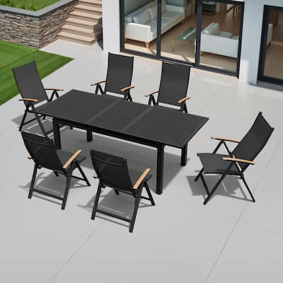 7-Piece Set Outdoor Patio Extendable Aluminum Dining Table with Foldable Dining Chairs