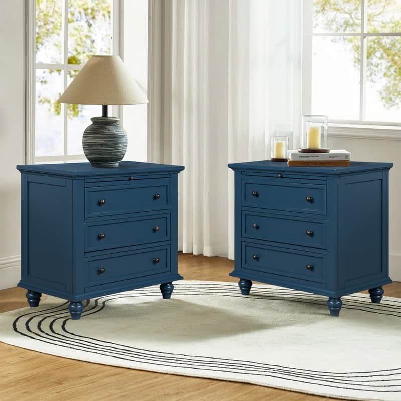Modern 3-Drawer Nightstand (Set of 2) with Pull Out Tray for Organized Living Spaces