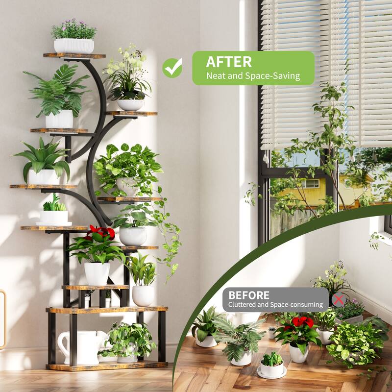 68.5 in. H Brown S-shaped MDF Indoor Plant Stand with 5 Grow Lights 10 Tiered Tall Plant Shelf 10-Level Stepless Dimming