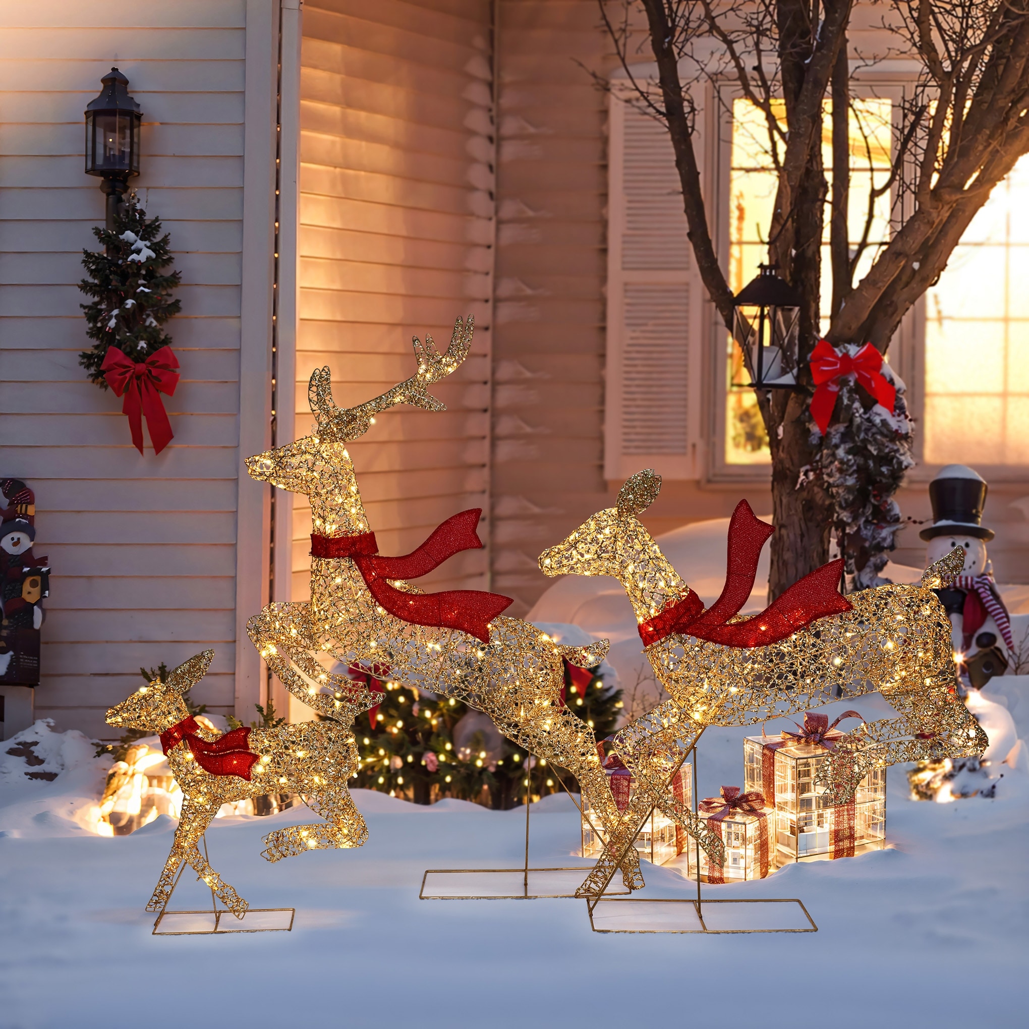 3-Pc Champagne Gold Running Deer Family Outdoor Holiday Decoration with Lights