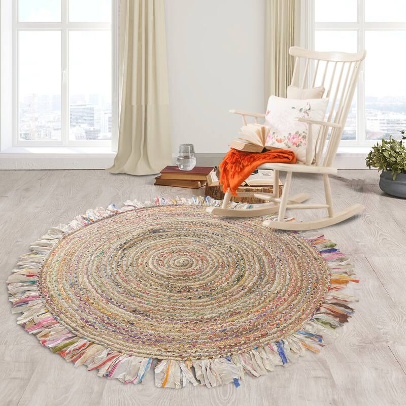 Sevita Organic Jute Braided Area Rug, White and Multi - 3'6" Round