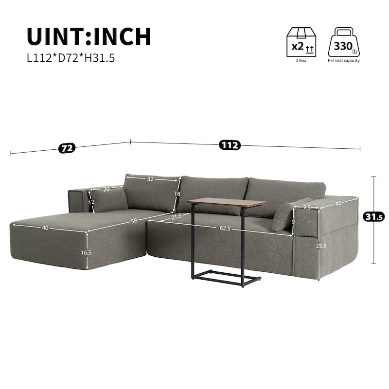 L Shaped Boucle Fabric Sectional Sofa w/ Chaise Lounge, Side Table, Pillows