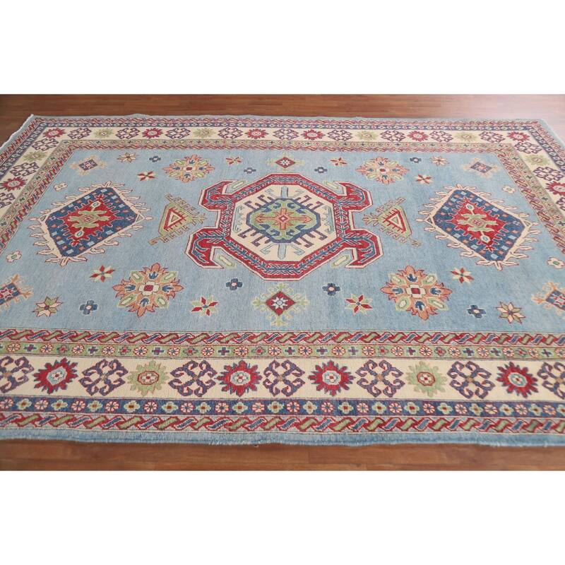 Hand Knotted Oriental 100% Wool Carpet Traditional Geometric Navy Blue & Blues Kazak Area Rug - 10' 0'' X 6' 9''