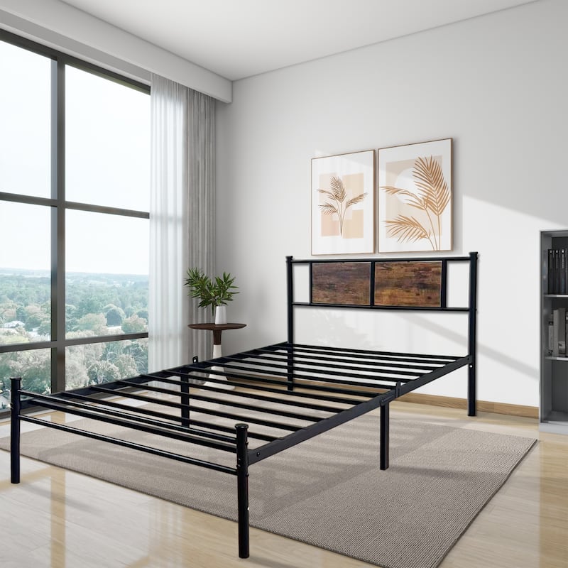 Classic Metal Bed Frames with Wood Headboard, Heavy Duty Metal Platform Bed, No Box Spring Needed - Black - Twin