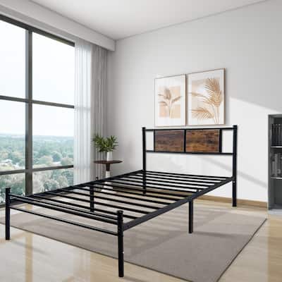Classic Metal Bed Frames with Wood Headboard, Heavy Duty Metal Platform Bed, No Box Spring Needed