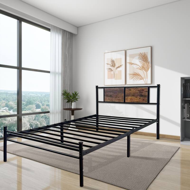 Twin Size Bed Frame with Wood Headboard, Metal Slats Support, No Box Spring Needed, Easy Assembly