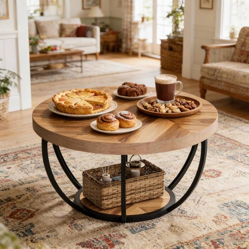 Round 2-Tier Wood Coffee Table with Metal Base for Living Room - Wood