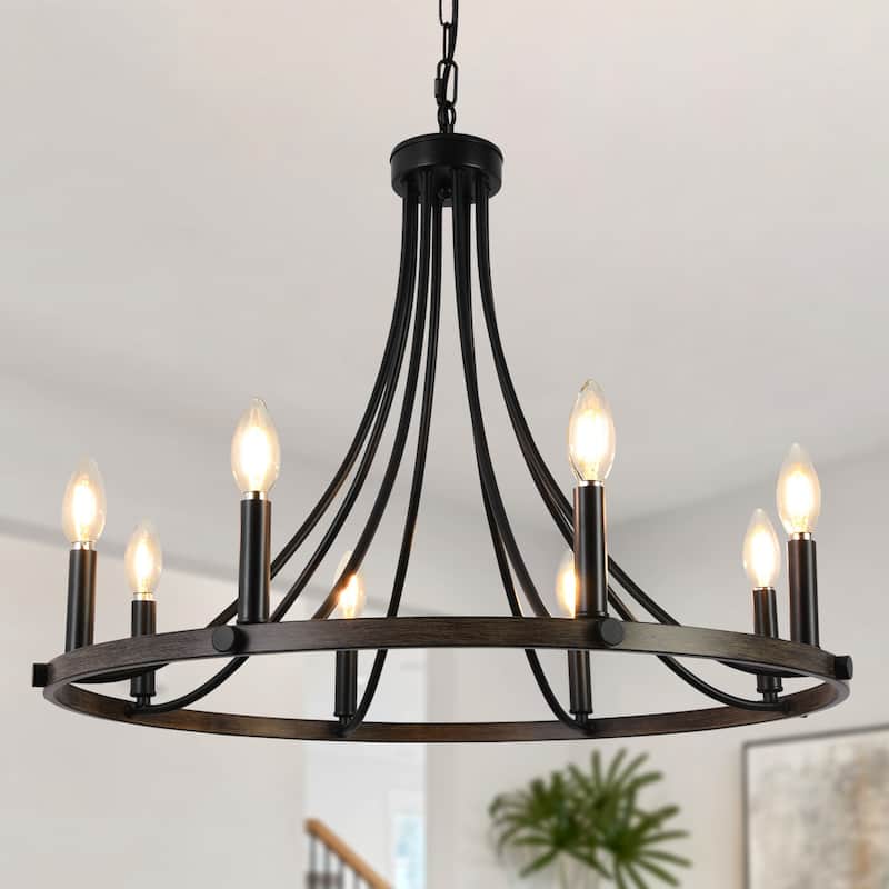 8-Light 25.59 in. Rustic Wagon Wheel Chandelier for Kitchen Living Room - Black+Brown