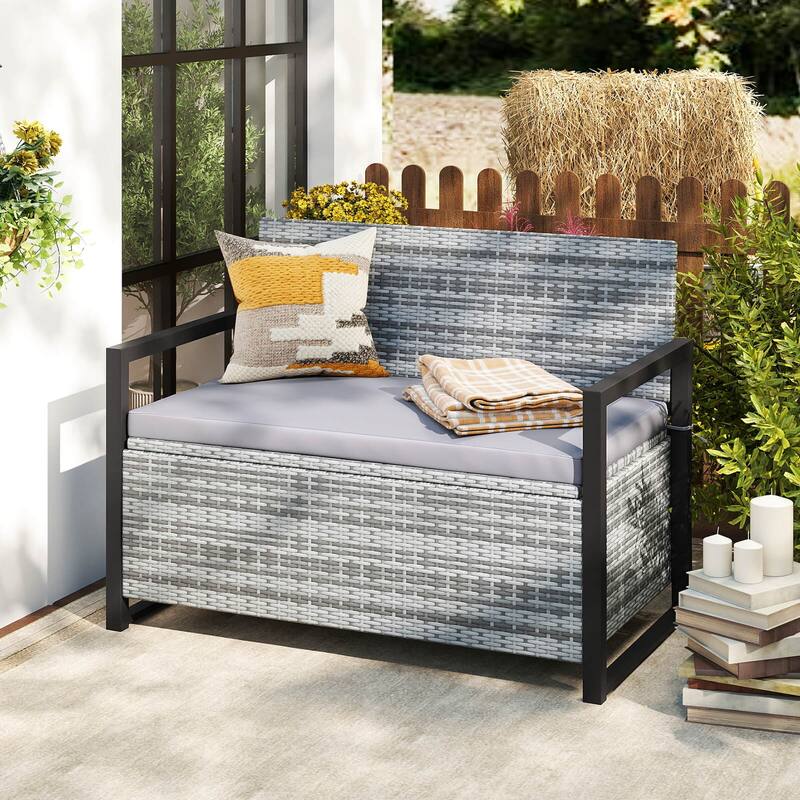 Costway Patio Storage Bench Wicker Loveseat with Built-in Storage & - See Details