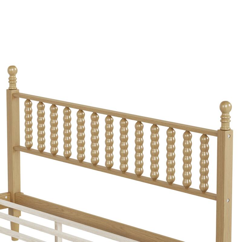 Retro Style Wood Low Profile Platform Bed with Wooden Slat Support and Gourd Shaped Headboard, No Box Spring Needed