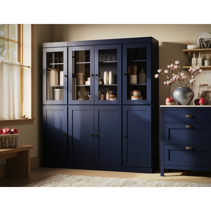 100% Solid Wood Kitchen China Pantry Buffet with Glass or Solid Wood Doors and 2-Drawer Kit by Palace Imports - 65" x 71.5" - Navy - 4 Clear Glass-4 Solid