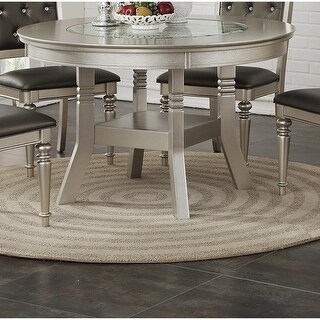 Round Dining Table Silver / Grey Finish Rubberwood Frame Center Glass Top Dinette Table