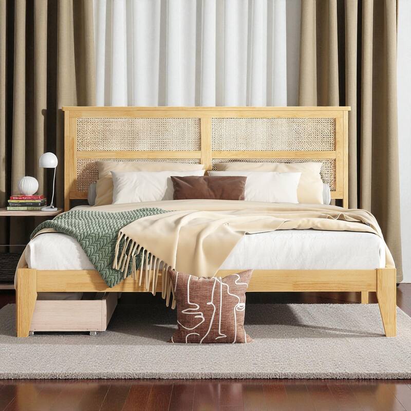 Full/King Size Rubber Wood Bed with Rattan Headboard and 2 Storage Drawers, Solid Frame with Reinforced Support Slats and Feet