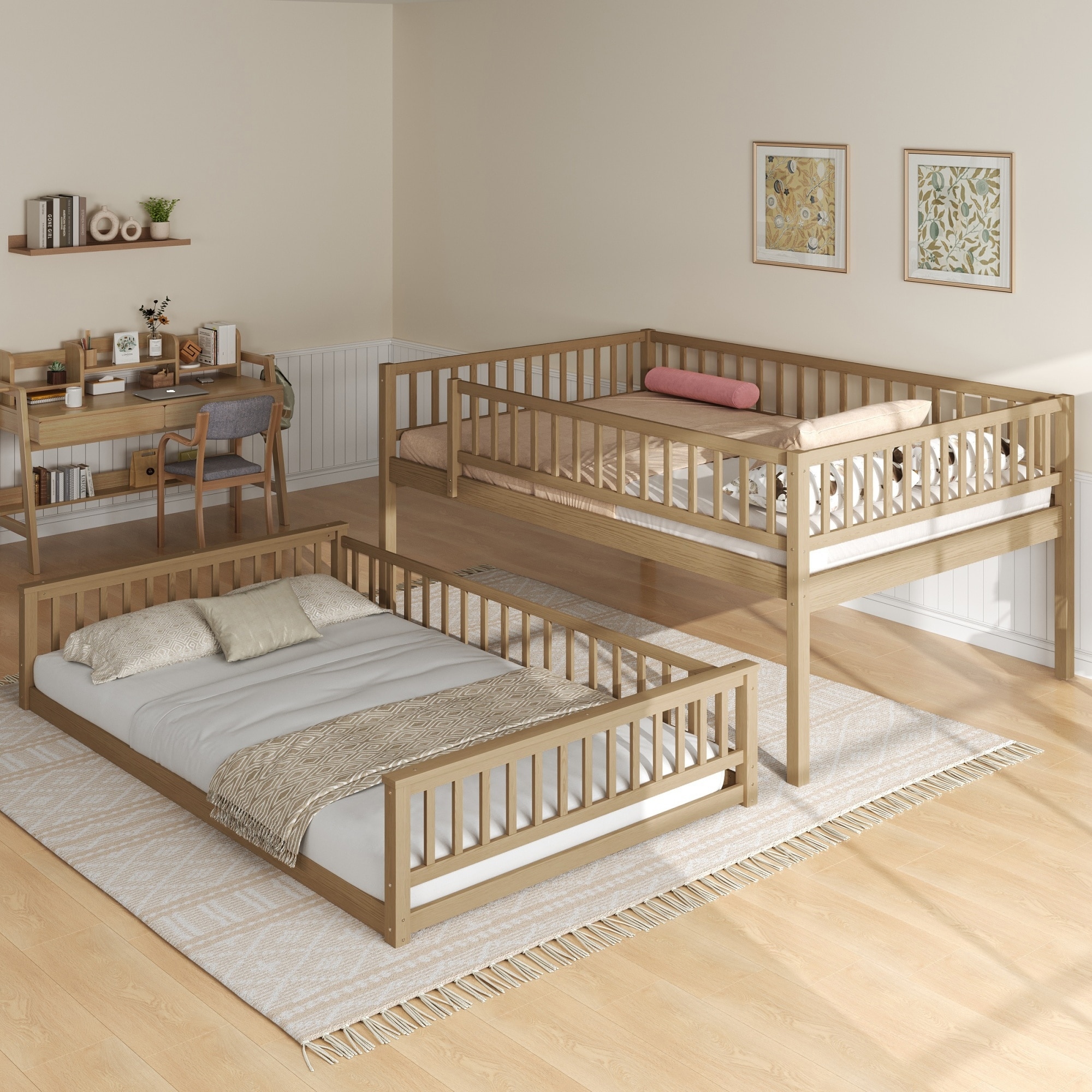 Queen over Queen Bunk Bed Wood Floor Bed with Ladder and Guardrails