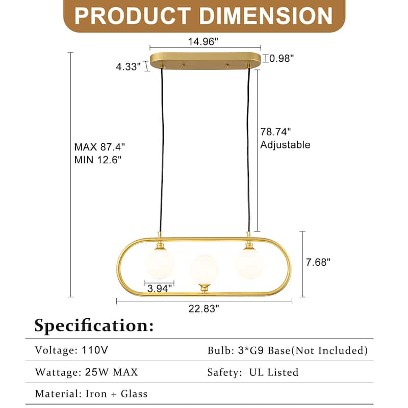 3-Light Linear Kitchen Island Pendant Frosted Milky White Glass Globes - Dia.22.83-in