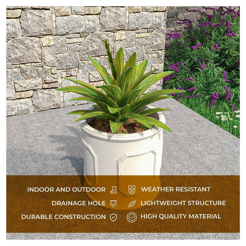 Meadow Classic Round Fiberstone and MGO Clay Planter with Drainage for Indoor Outdoor Home Office Yard Patio Fully Assembled