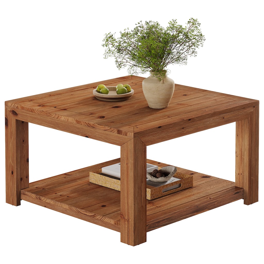 31.5-inch Coffee Table with Storage, Square Solid Wood Center Table