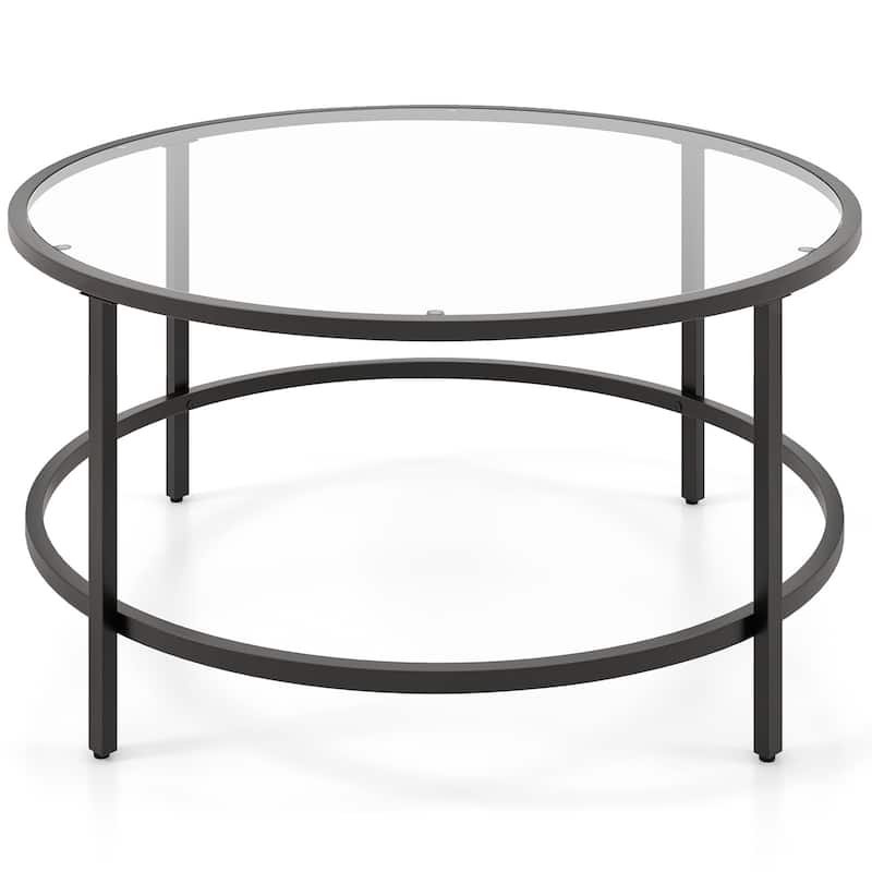 Tempered Glass Round Coffee Table with Metal Frame and 110 lbs Capacity - 35.5" x 35.5" x 18"