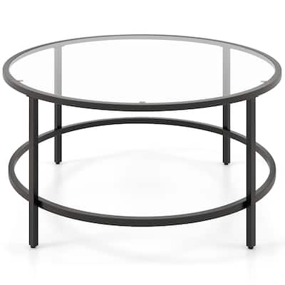 Tempered Glass Round Coffee Table with Metal Frame and 110 lbs Capacity - 35.5" x 35.5" x 18"