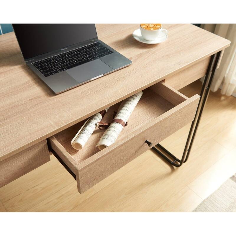Computer Desk Writing Desk with One Drawer Metal Legs and USB Outlet Port - Light Brown & Black