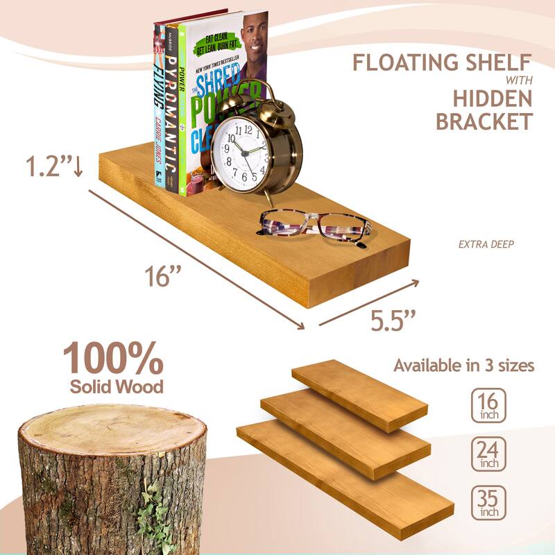 Solid Wood Floating Shelves for Wall - Compact Wooden Wall-Mounted Shelves (16”, Set of 2) - 5.5” L X 16"W X 1.2” H
