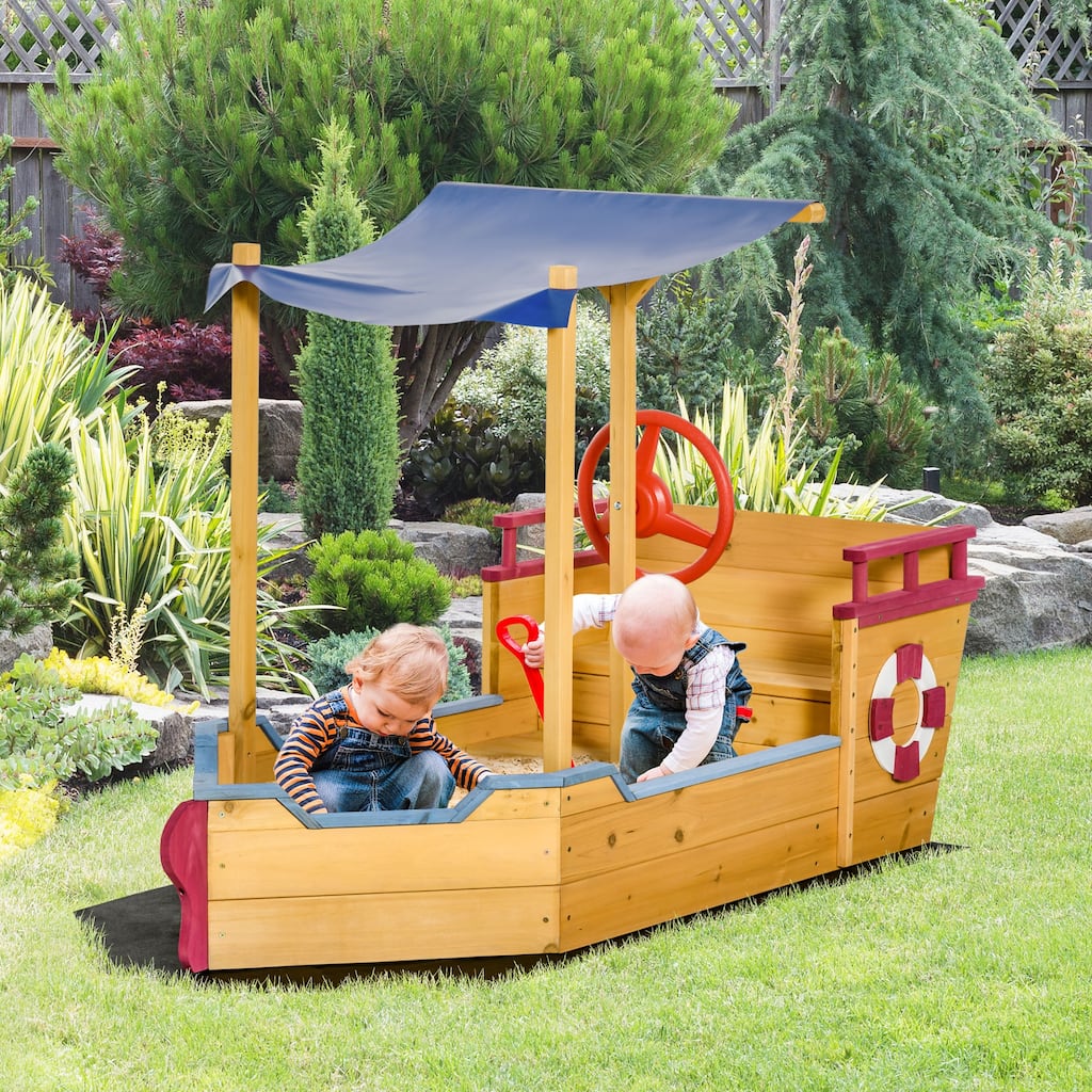 Outsunny Pirate Ship Kids Sandbox with Cover, Outdoor Wooden Sandbox Boat Toy for Backyard, Ages 3-8 Years Old