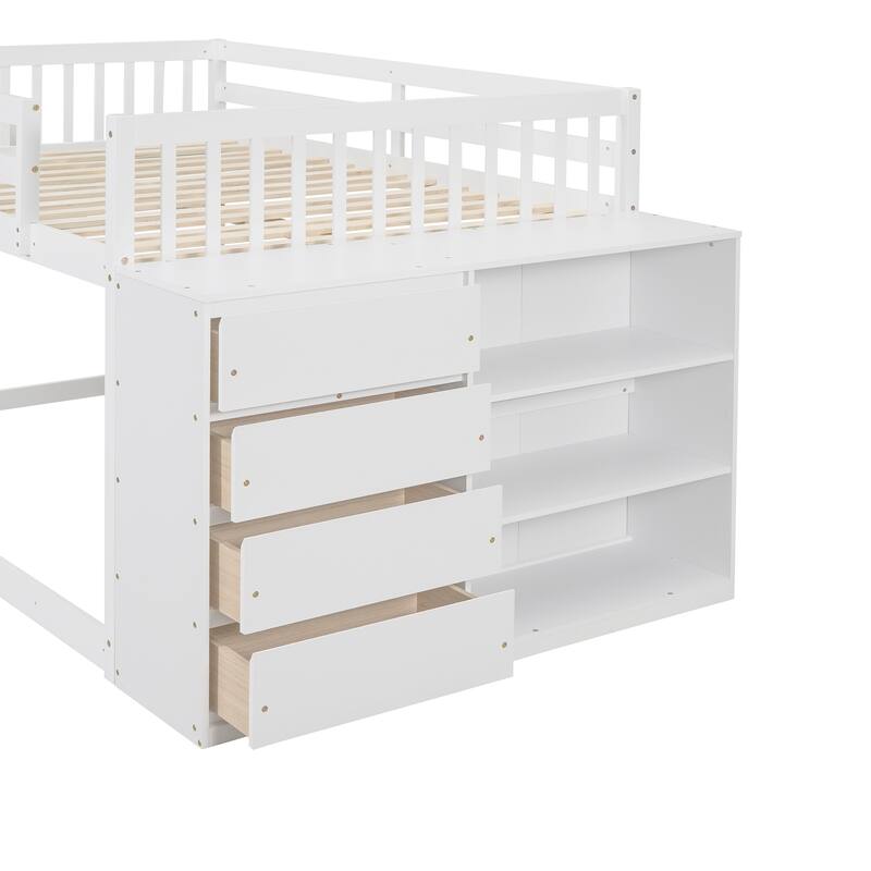 Floor Bunk Bed with Movable Storage Cabinet, Solid Wood Bunkbeds Frame