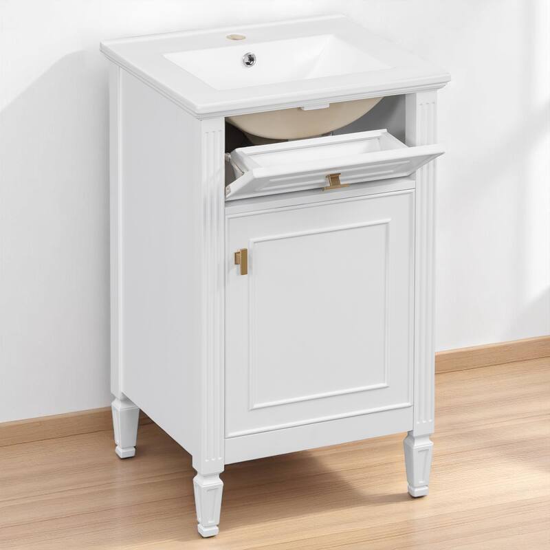 20" Bathroom Vanity with Sink, Freestanding White Cabinet with Ceramic Basin, Tilt-Out Drawer, Adjustable Shelf, Solid Wood Legs