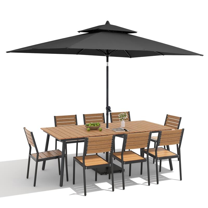 11-Piece Outdoor Dining Set Aluminum Table and 8 Stackable Chairs w/ 10 ft Umbrella and Base Stand