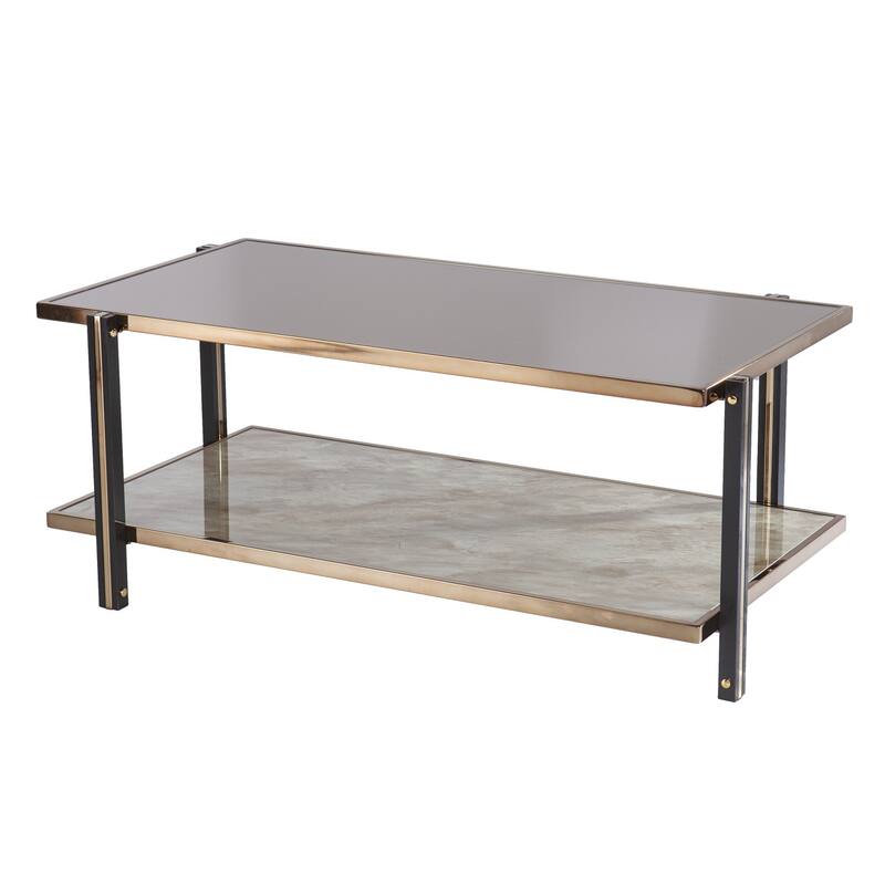 43" Champagne Mirrored Metal Rectangular Coffee Table with Faux Marble Shelf - 43” x 23.25” x 18”
