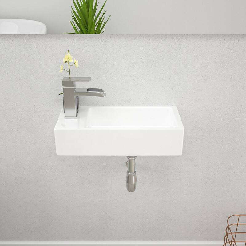 Lordear 14.5 inch White Rectangular Ceramic Wall Hung Sink with Side Faucet Mount