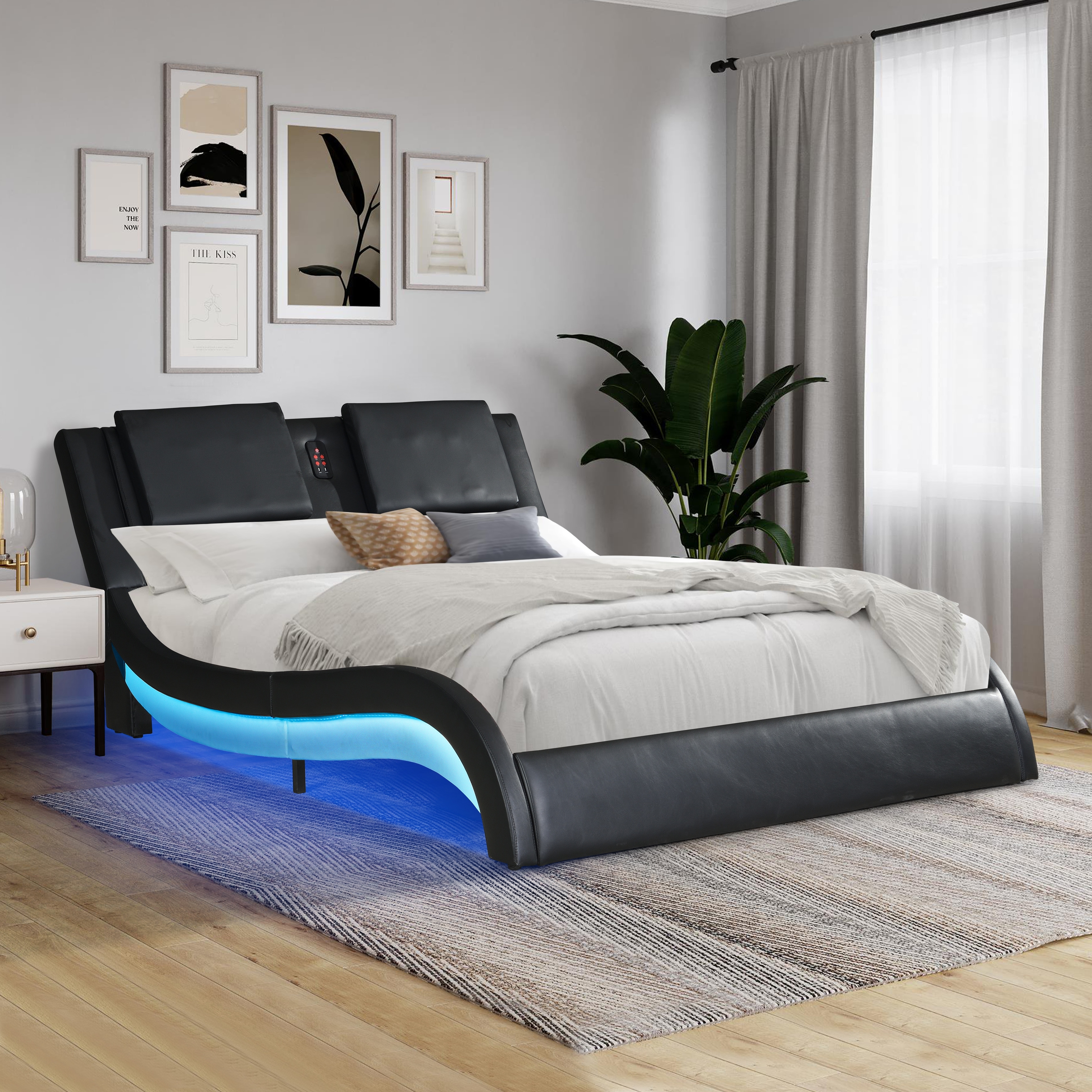 Queen Size Upholstered Platform Bed with Led Light Curve Design