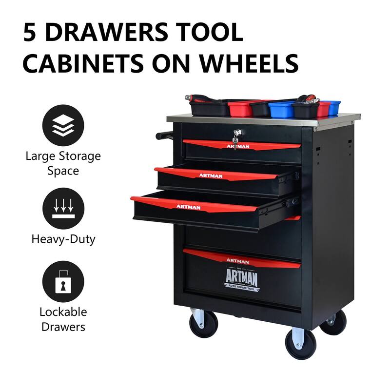 5-Drawer Rolling Tool Cart with Wheels for Garage, Workshop & Warehouse