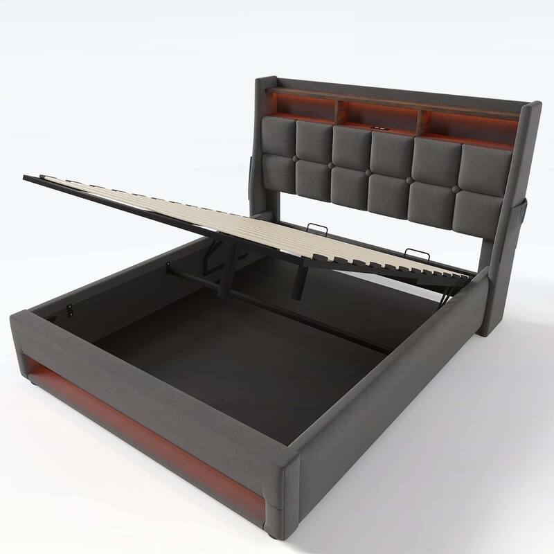 Vintage Design Platform Bed with Hydraulic Storage,LED, and USB Charging,(Mattress Not Included)