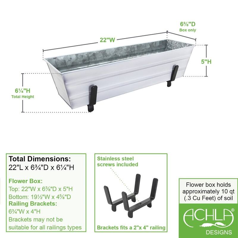 Achla Designs Small Galvanized Steel Flower Box Planter With Brackets for 2 x 4 Railings, 22 Inch Wide