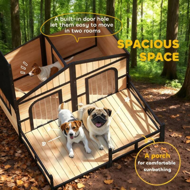 Weatherproof Wooden Dog House with Porch, Openable Roof & Removable Bottom - Elevated Double Room Kennel