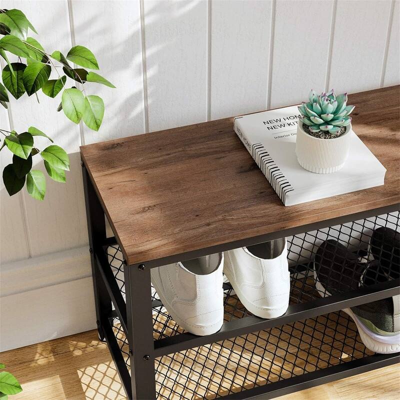 Shelf Storage Bench with Metal Mesh Shelves and Seat Free Standing - 11.8"D x 28.7"W x 17.7"H