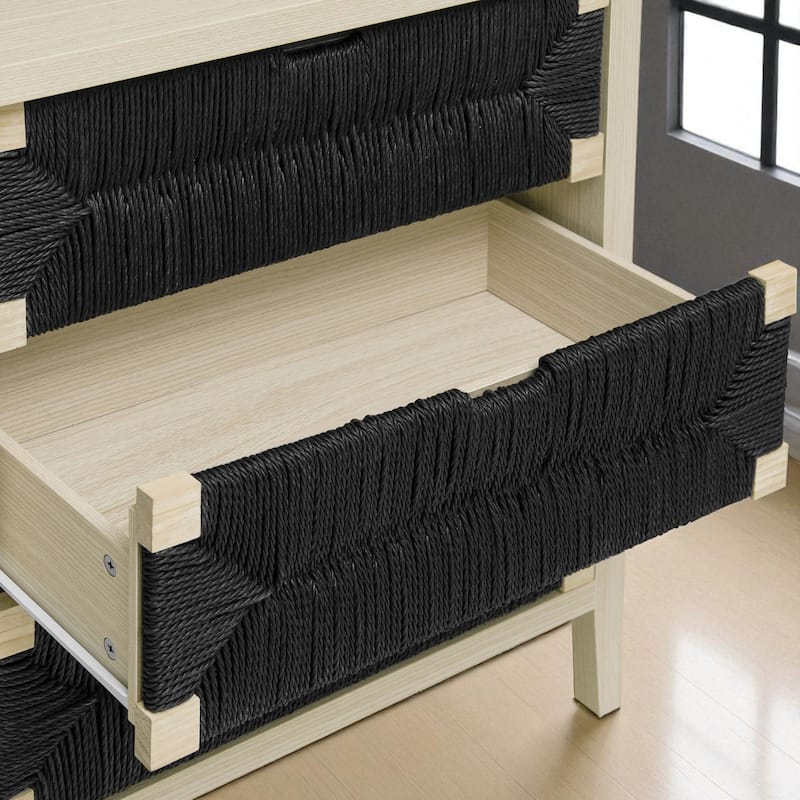 3-Drawer Buffet Sideboard Cabinet with Natural Rope Decor, Adjustable Shelves and Waterproof Top for Kitchen or Entryway