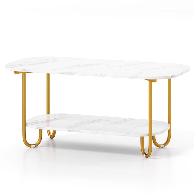 Gymax Faux Marble Top Coffee Table w/Metal Frame Rounded Corners &