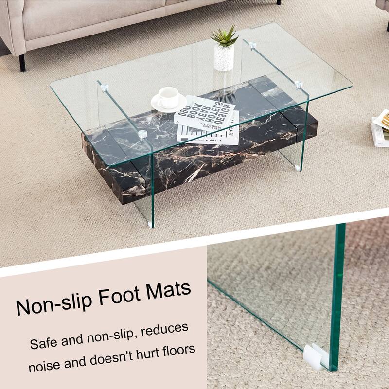 Roomfitters 43.3" Two-Tier Glass Coffee Table with Light Wood Shelf, Side Table or Display Stand