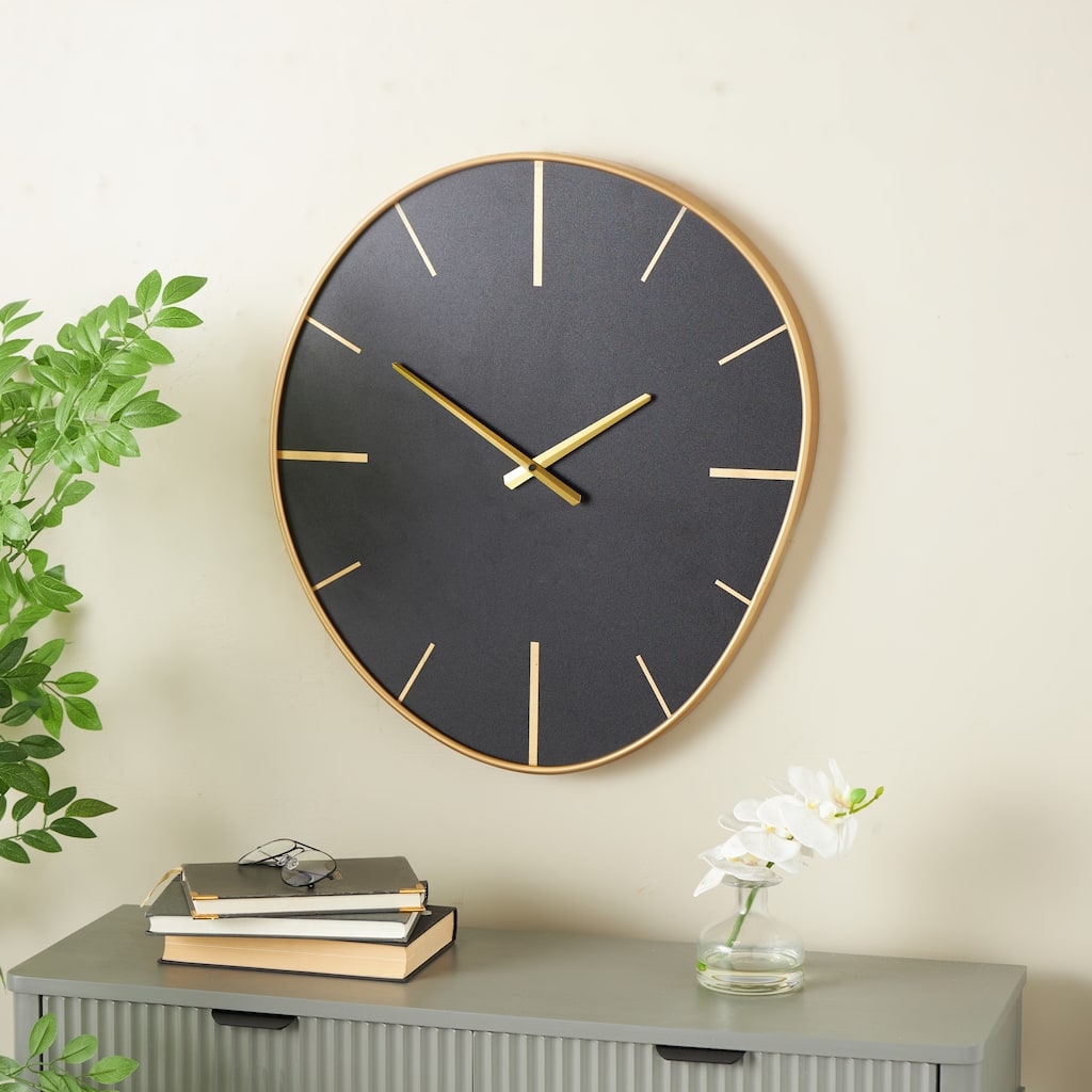Black Wooden Wavy Decorative Wall Clock with Gold Hands and Markers - 2"W x 21"L x 24"H