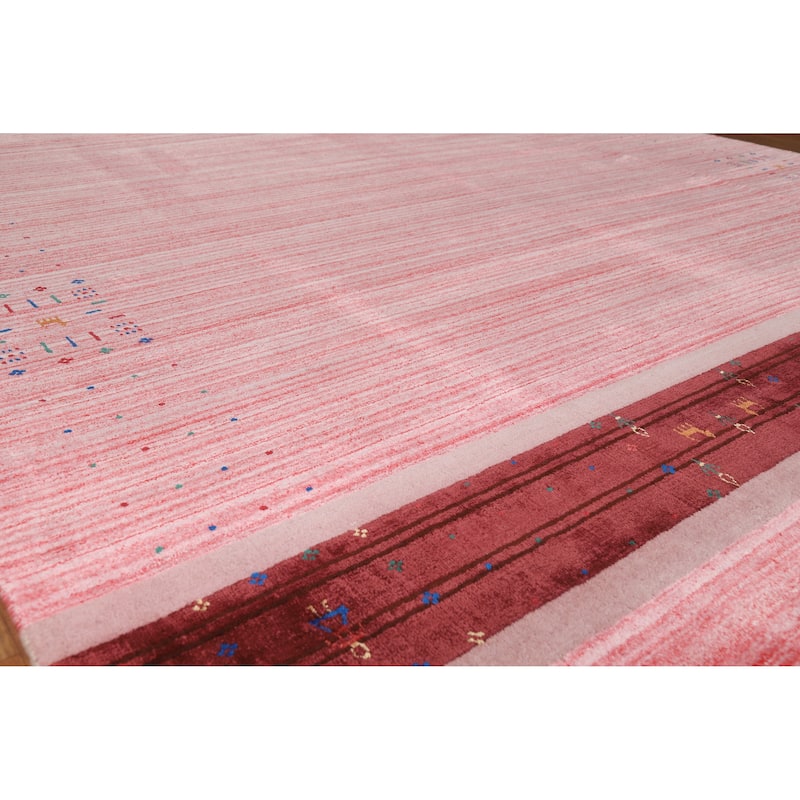 Striped Pink Gabbeh Indian Area Rug Hand-Knotted Wool Carpet - 8'2" x 9'11" - 8'2" x 9'11" - Pink