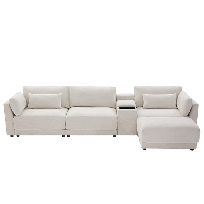 124'' Modular Sectional L-Shaped Chenille Sofa with Storage Console and Movable Ottoman
