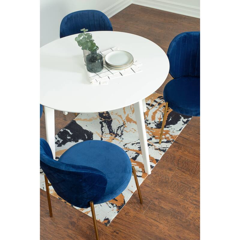 Casual Dining Table Set Blue Cafet Dining Table Set Round Dining Table Set with 4 Upholstered Chairs and Rubberwood Table Legs