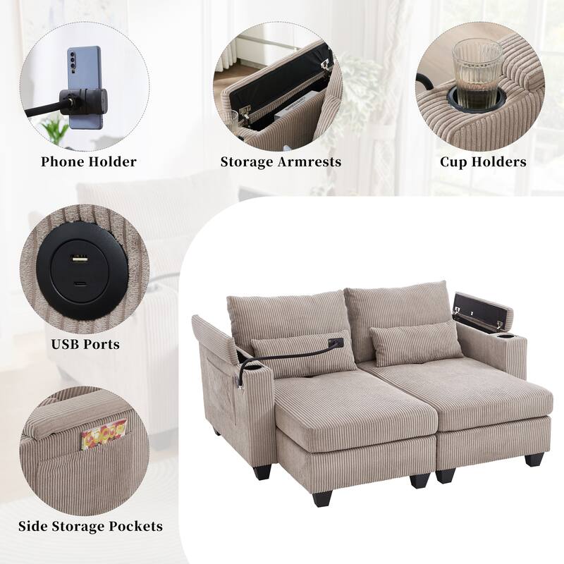 63" Convertible Chaise Lounge Chair, Corduroy Upholstered Sofa Bed with USB Ports & Cup Holders, Living Room Loveseat Sofa