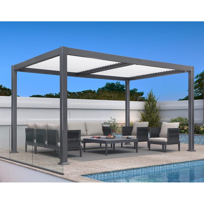 PURPLE LEAF Outdoor Louvered Pergola with Adjustable Metal Roof for Patio Pergola - 10' x 14' - Grey & White